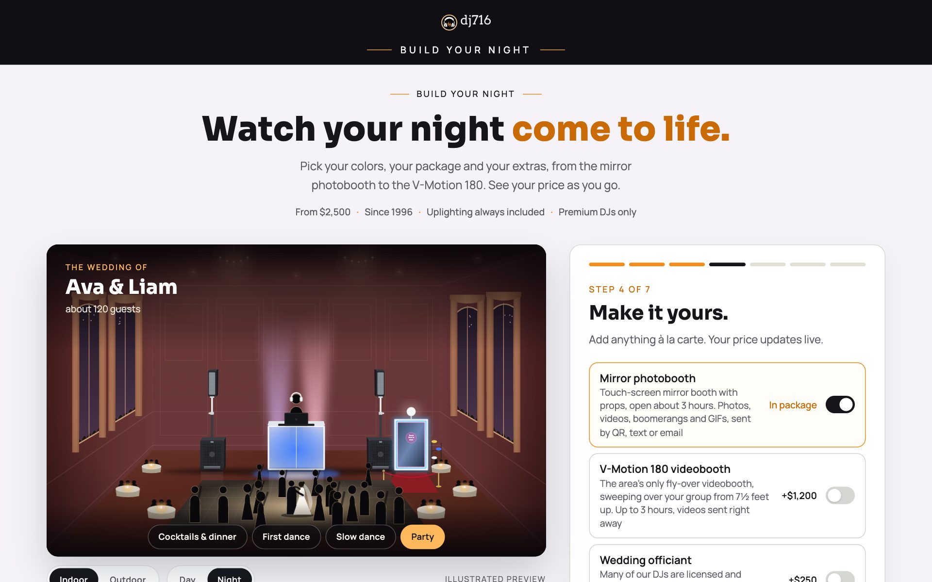 The Build Your Night planner showing a lit reception room and live pricing