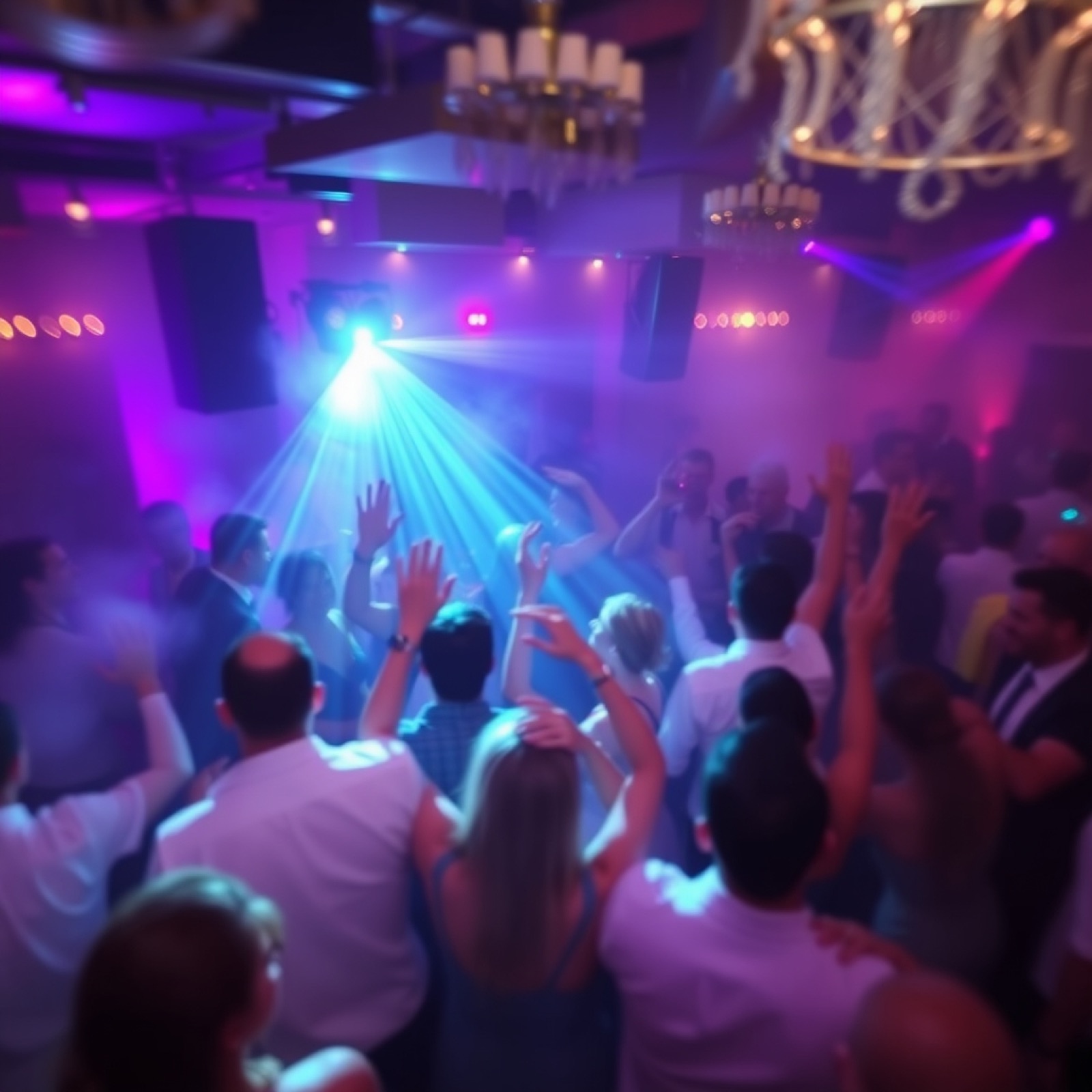 A packed reception dance floor under purple and blue lights